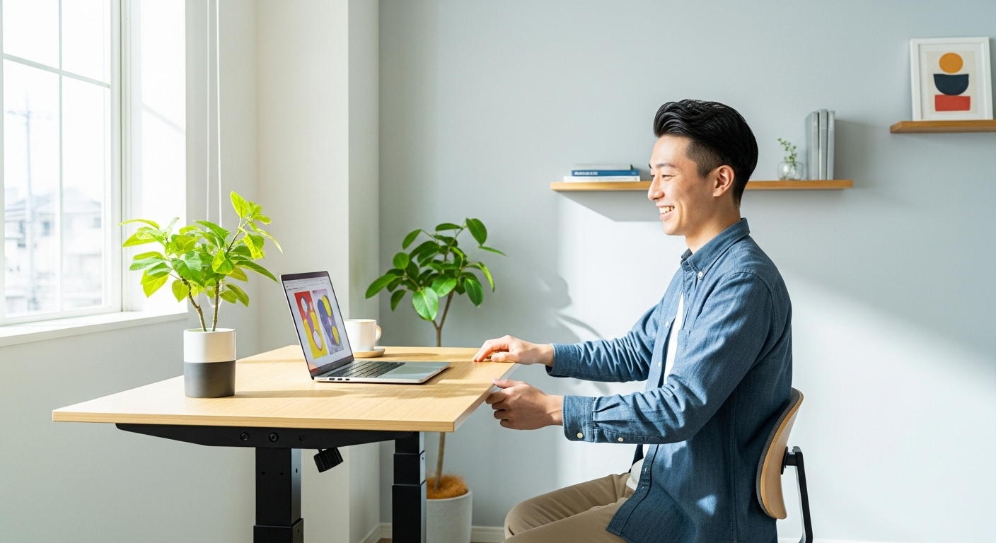 モダンな部屋でガス圧昇降テーブルの高さを調整する日本人男性