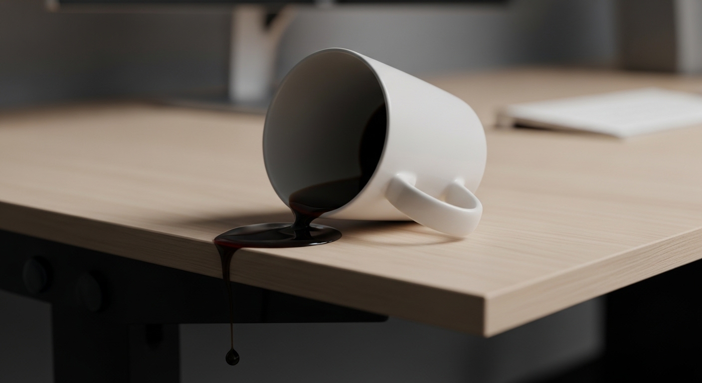 天板が勝手に下がり、カップのコーヒーがこぼれそうになっているガス圧昇降テーブル