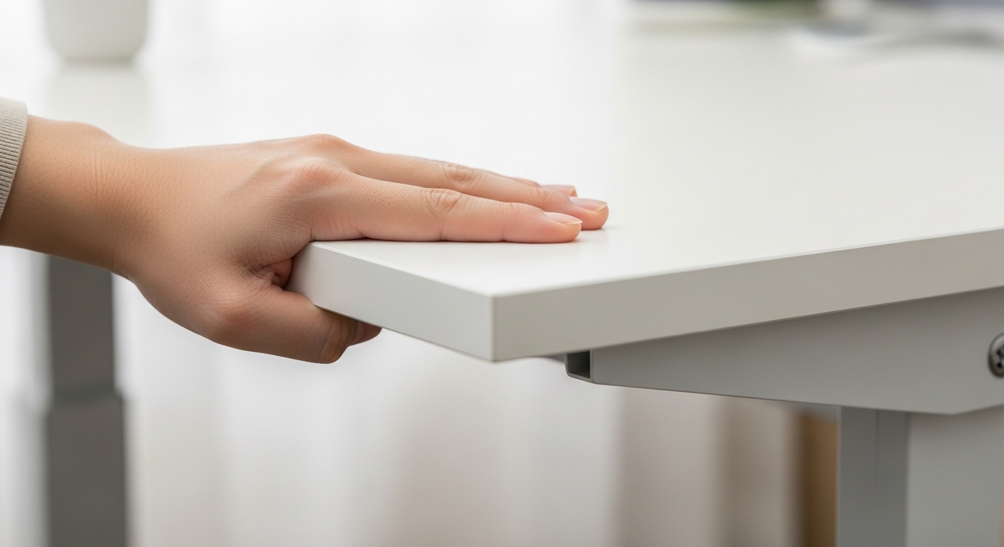 日本人女性が手で天板の端を押して、ガス圧昇降テーブルのぐらつきを確認している様子