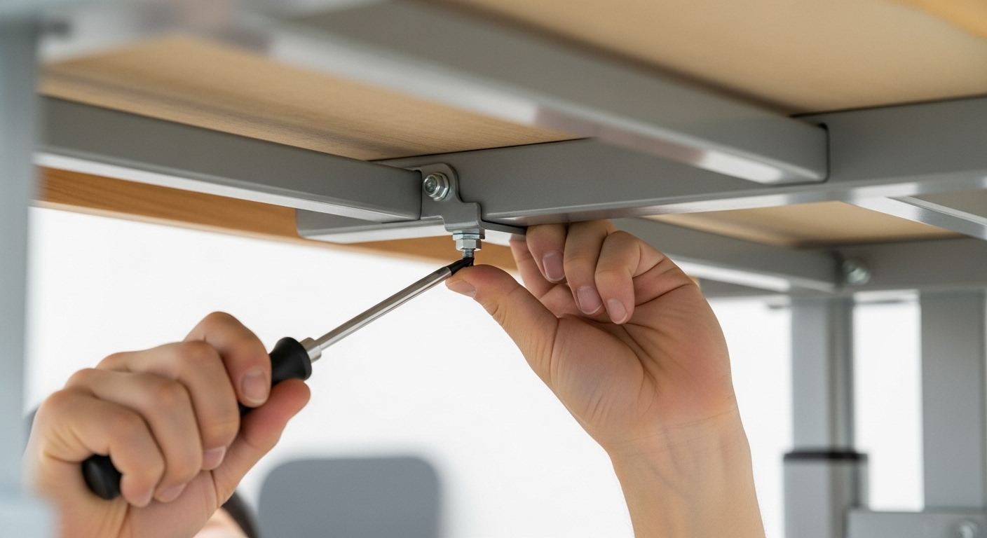 ガス圧昇降テーブルのネジをドライバーで締め直してメンテナンスしている様子