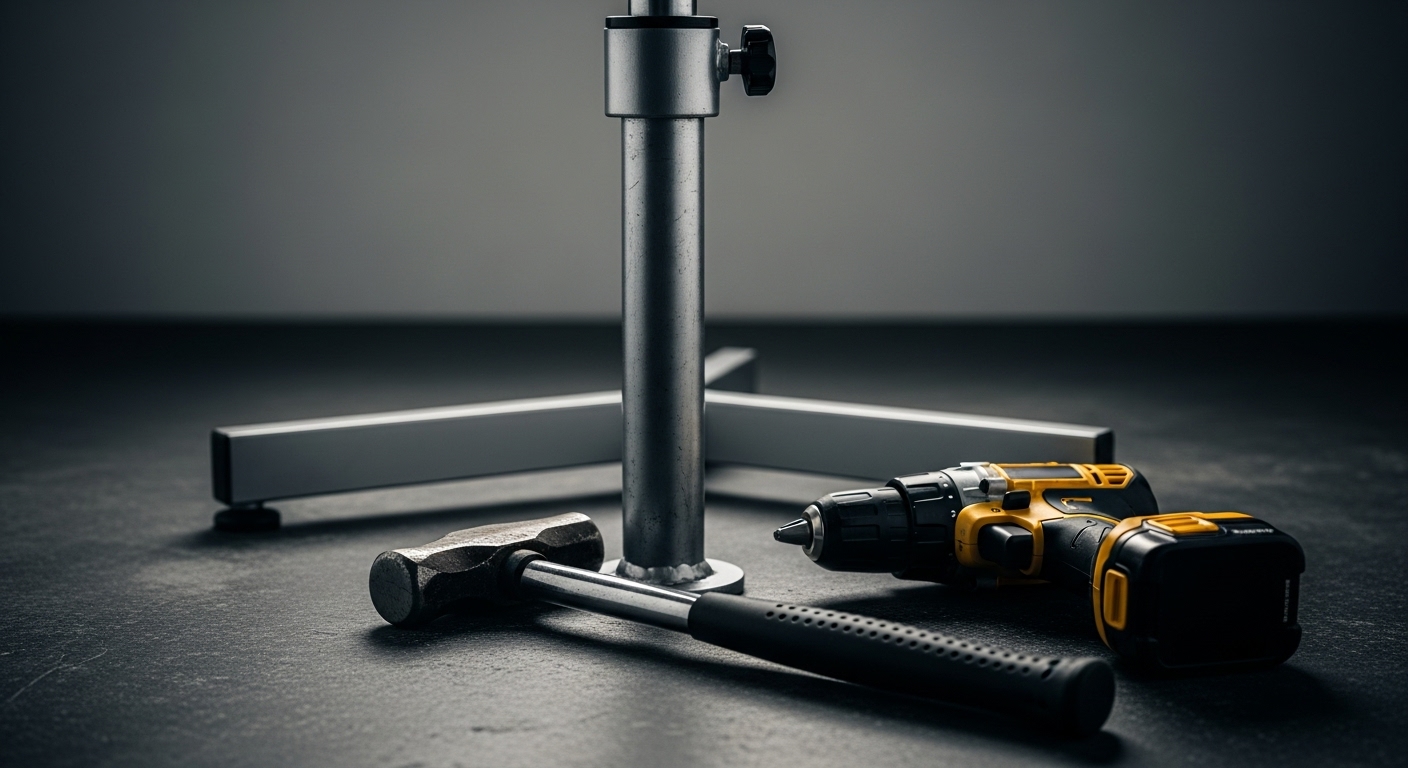 ガス圧昇降テーブルのシリンダーの横に置かれたハンマーとドリル。DIY修理の危険性を示唆している。