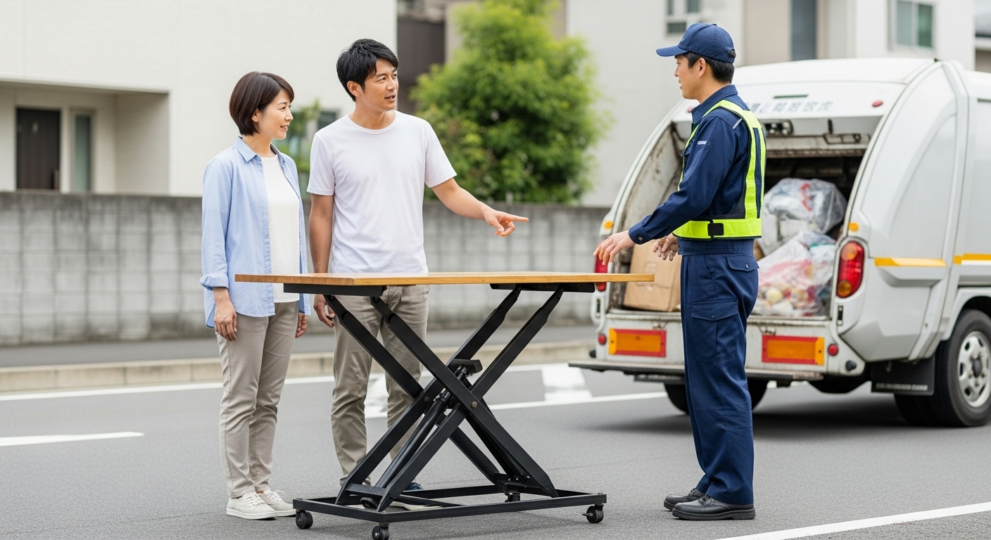粗大ごみ収集日に、昇降機能付きテーブルの処分について作業員に説明している日本人夫婦。背景にはゴミ収集車が見える。