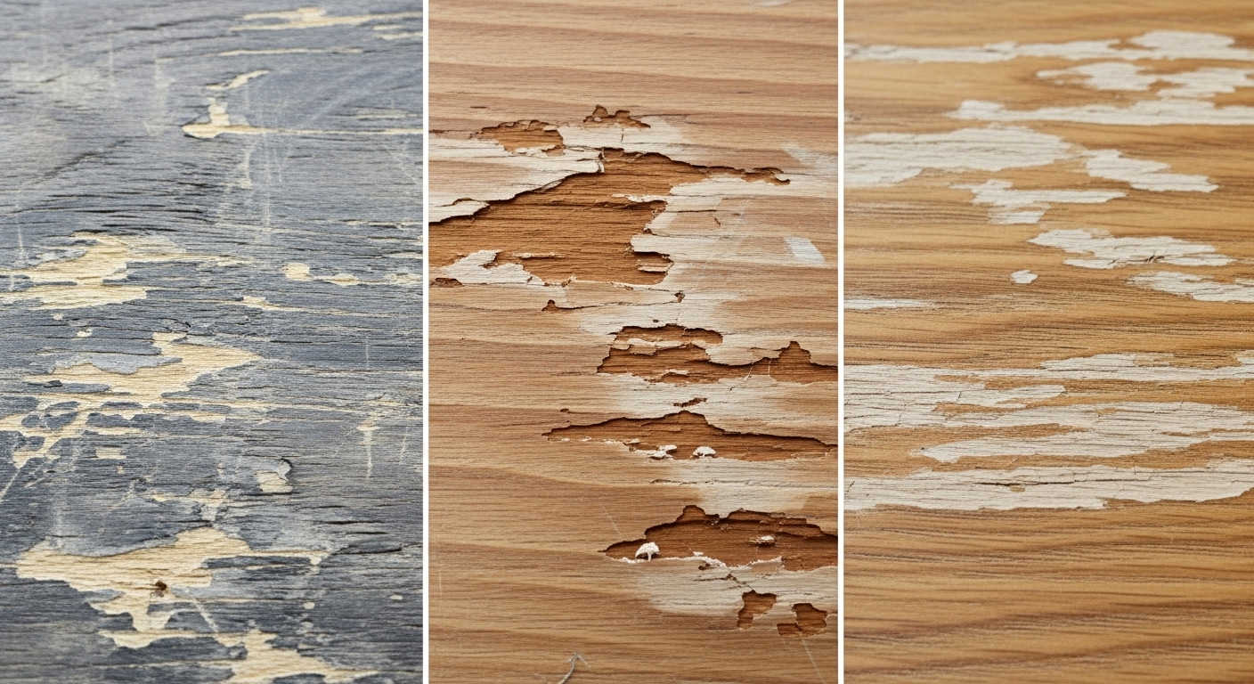 テーブル表面のボコボコした膨らみの種類を比較する画像。MDFの水ぶくれ、突板の浮き、無垢材の凹み。