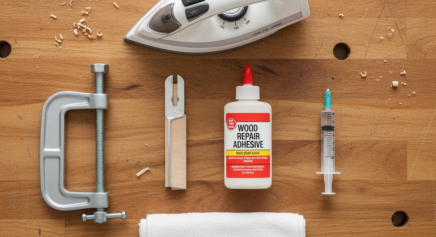 テーブルの突板の浮き修理に必要な道具。木工用ボンド、注射器、アイロン、クランプ。