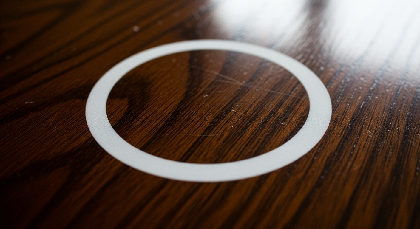 ウレタン塗装のテーブルにできた、熱による白い輪ジミ（白化）のクローズアップ。