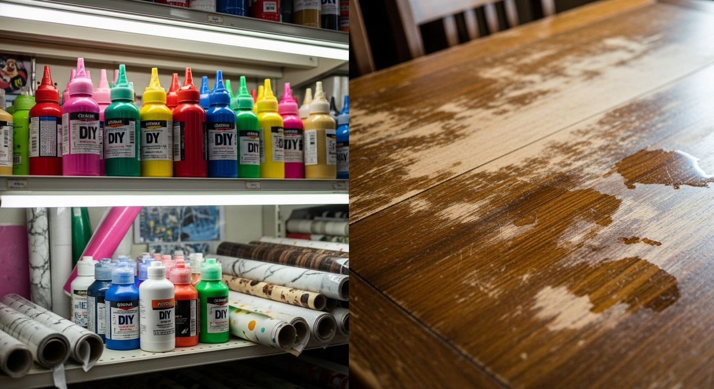 100円ショップのDIY商品棚と、傷だらけで古くなったダイニングテーブルを対比した画像