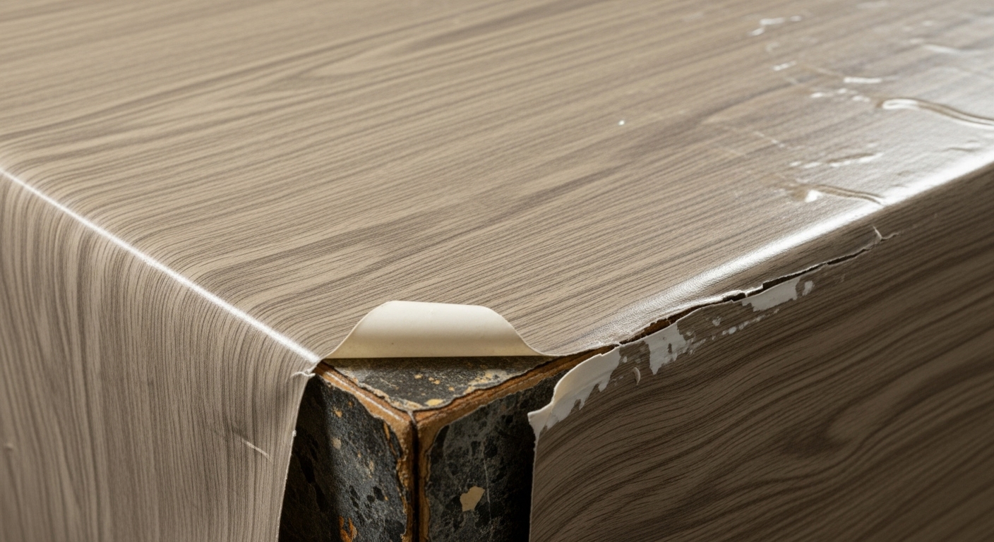 気泡が入り、シワだらけになった100均のリメイクシートがテーブルから剥がれかけている様子