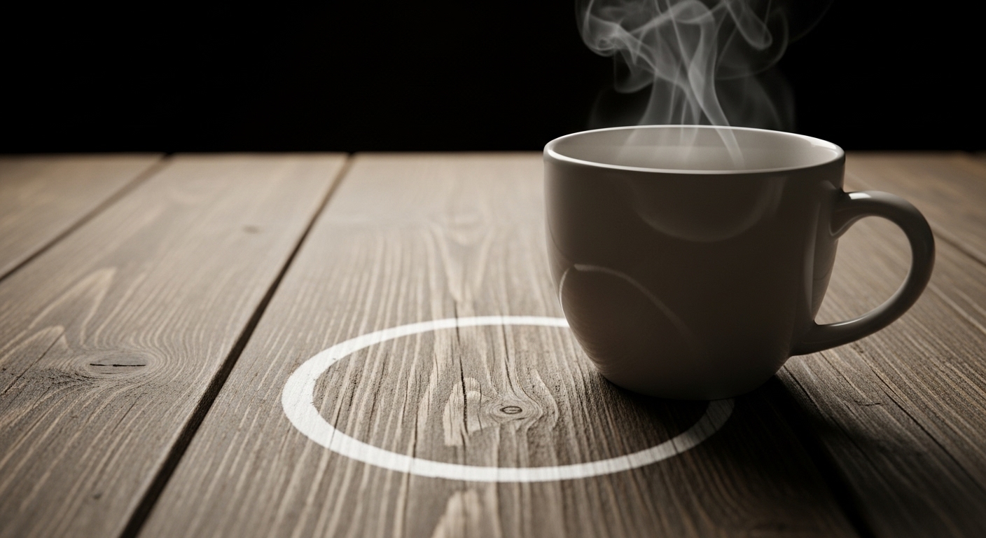 100均ニスで塗装したテーブルに熱いマグカップを置き、くっきりとした白い輪ジミができてしまった様子