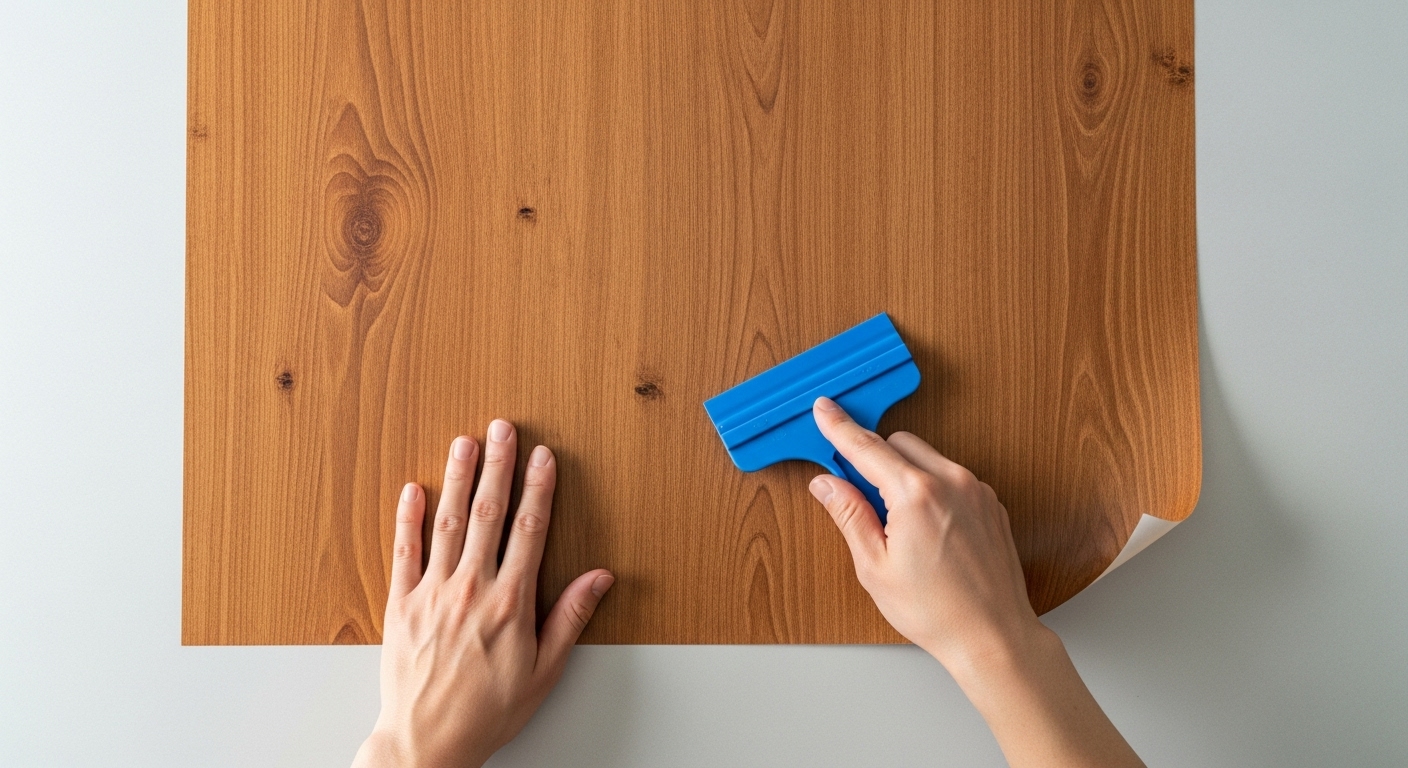 スキージー(ヘラ)を使ってテーブルにリメイクシートを貼り、空気を抜いているDIY作業の手元