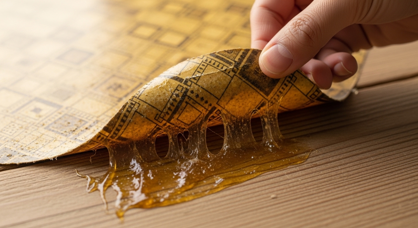 リメイクシートを剥がした後に残った、テーブルの天板のベタベタな糊残り