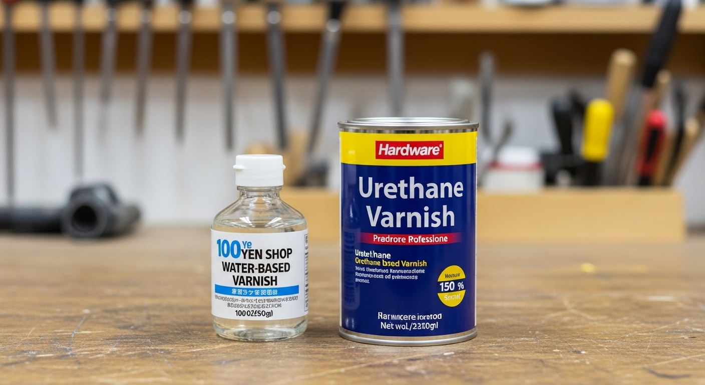 100均の水性ニスと、ホームセンターで売られている本格的な水性ウレタンニス(缶)の比較