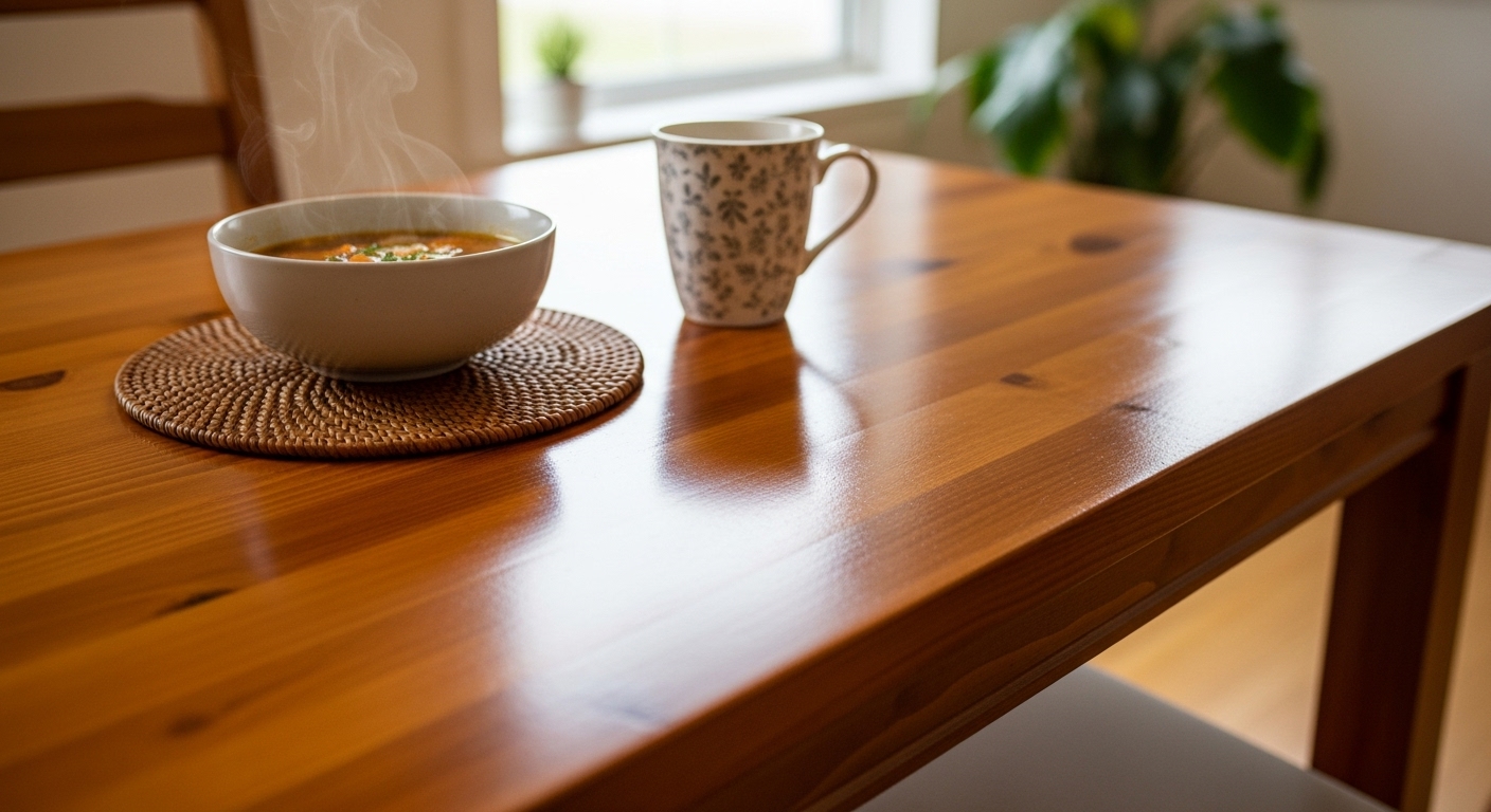 ウレタンニスで美しく塗り替えられ、熱い食器を置いても問題ない耐久性を持つダイニングテーブル