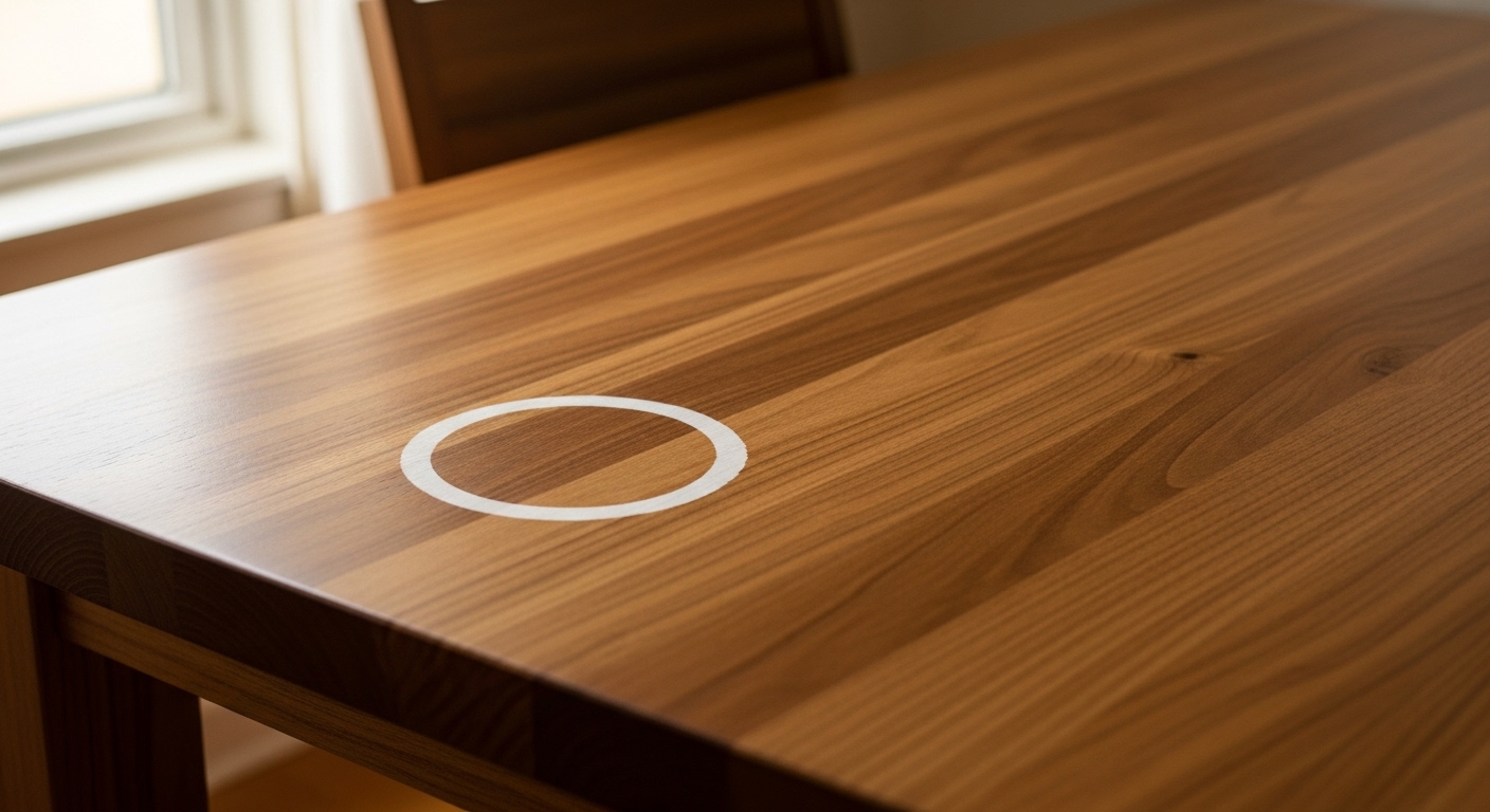 木製テーブルの表面に、熱いマグカップによってできた白い輪ジミ（熱ジミ）