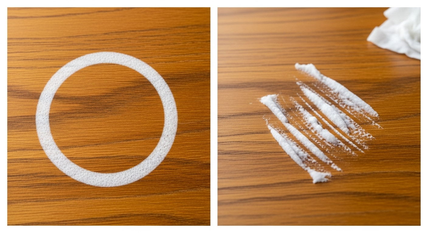 左側に熱による円形の輪ジミ、右側にアルコール除菌シートによる筋状の白い跡が写った比較画像