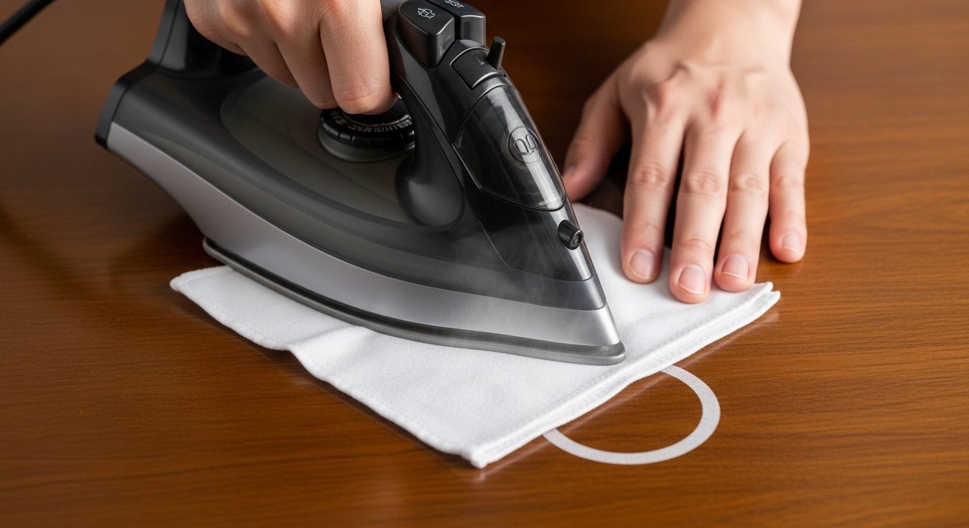 木製テーブルの輪ジミの上に置かれた乾いた布に、アイロンを当てて修復作業をしている様子