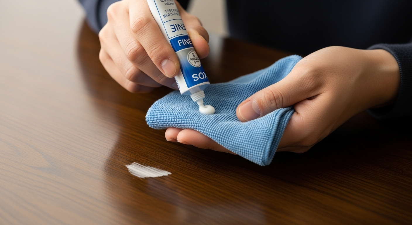 ウレタン塗装のテーブルの白い跡を、コンパウンド（研磨剤）を付けた布で優しく磨いている様子