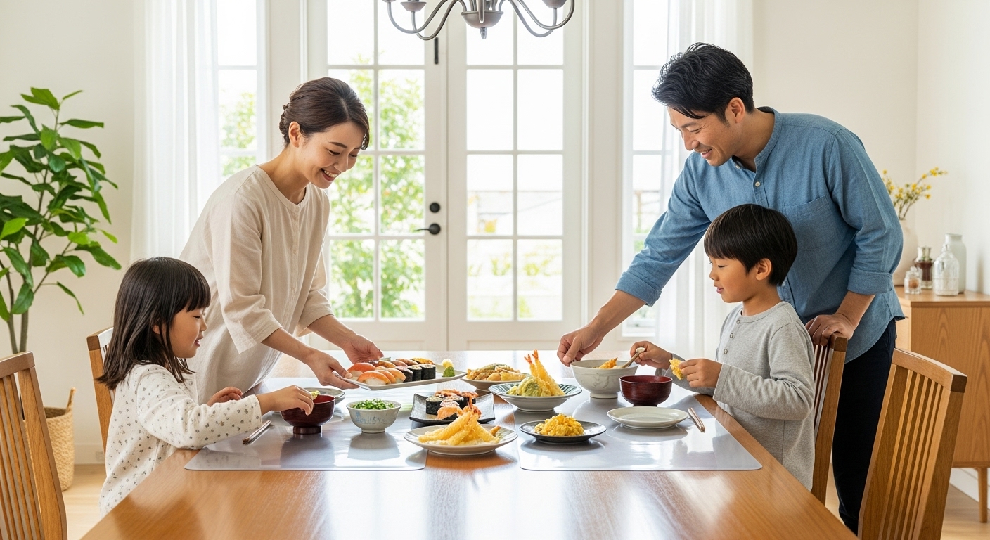 美しい木製ダイニングテーブルが、アルコール除菌にも対応した透明なビニールマットで保護されている様子