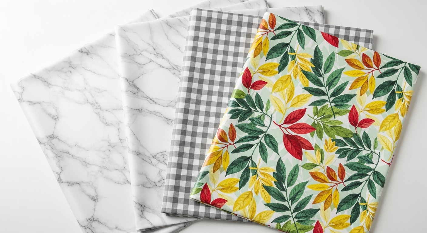 ダイソーやセリアなどで購入できる、大理石柄やチェック柄、ボタニカル柄の百均テーブルクロス