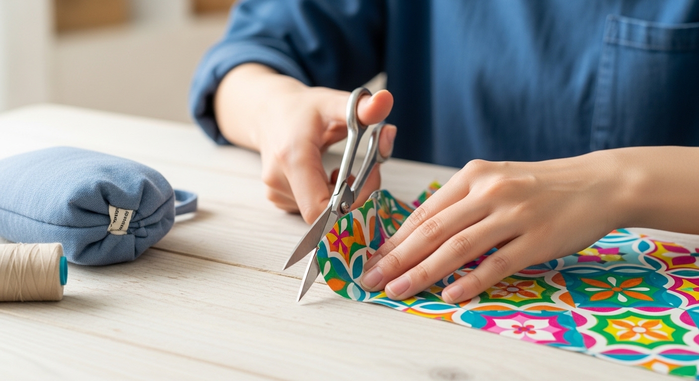 百均のテーブルクロスをリメイクしてポーチを作るDIYの様子