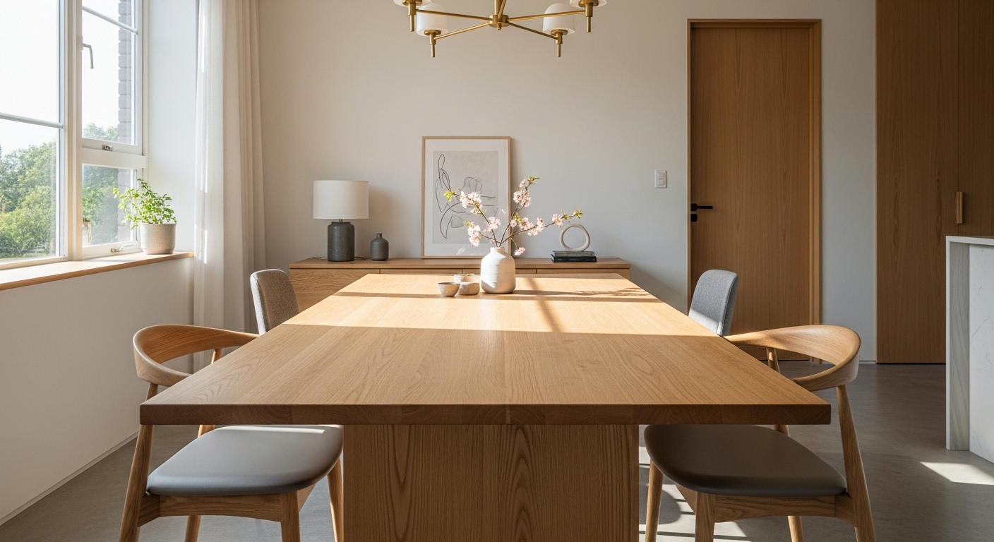 150cmのダイニングテーブルが置かれた、モダンで明るいダイニングルームの風景。