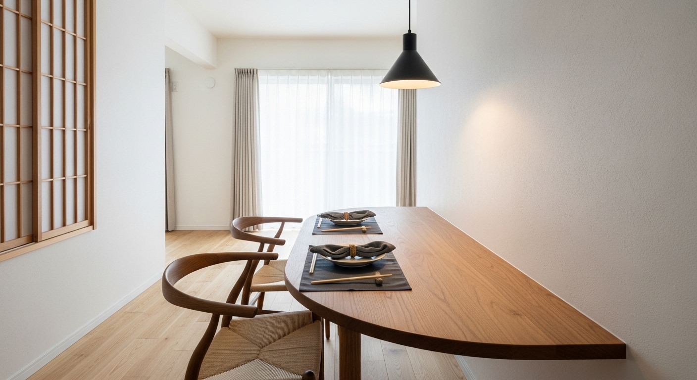 壁付けされた半円形のダイニングテーブル。角がないため動線がスムーズになっている。