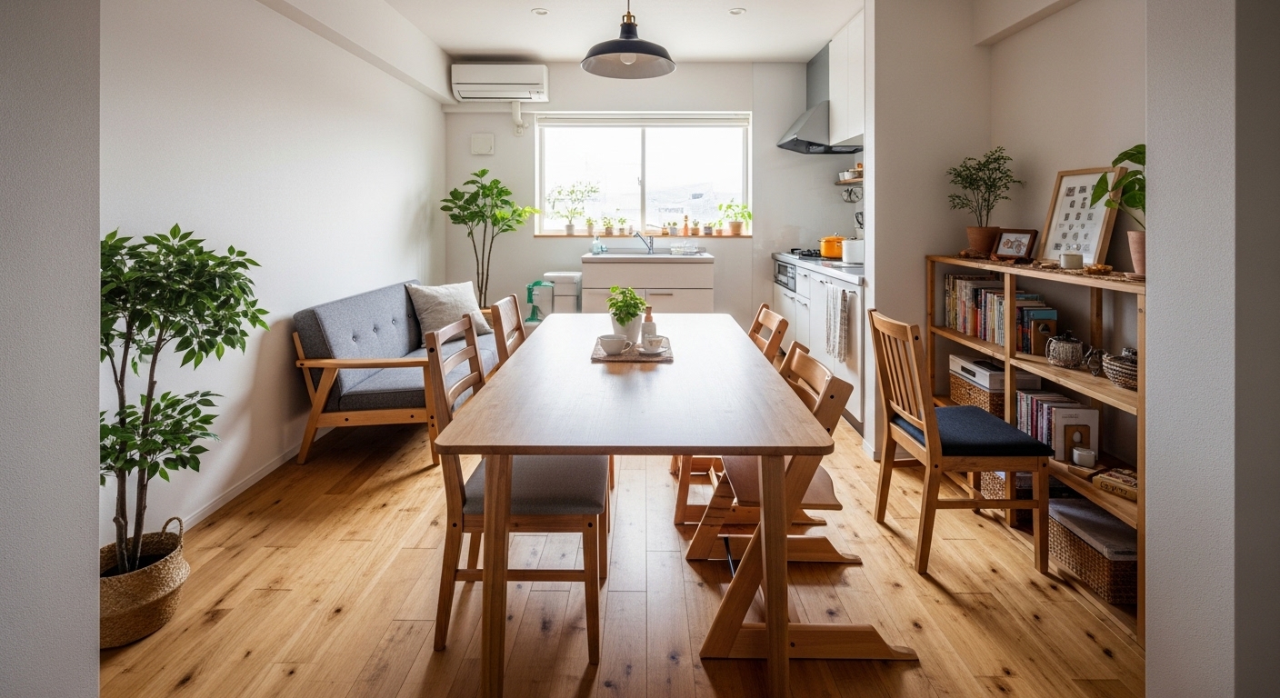 LDK10畳の狭い部屋に150cmのダイニングテーブルを置いたレイアウト例。