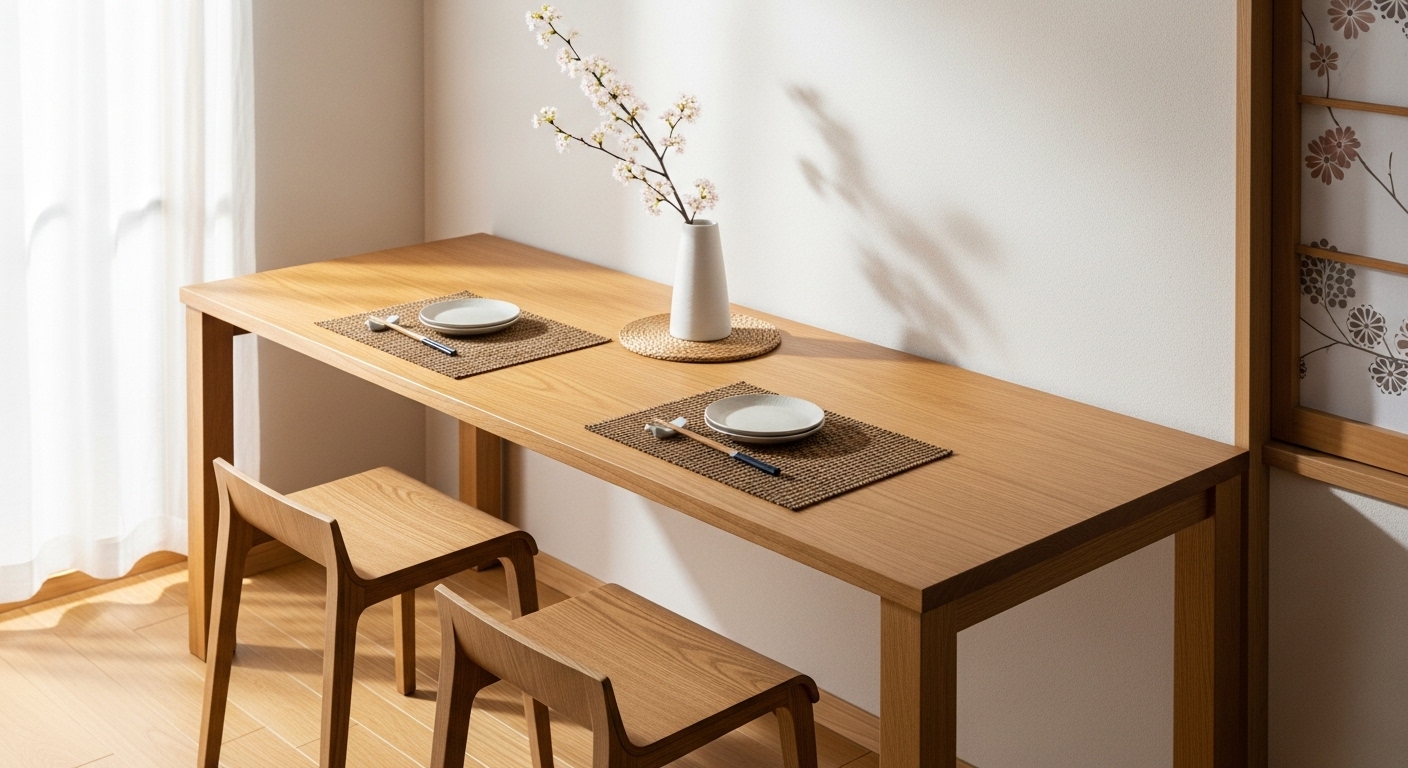 150cmのダイニングテーブルを壁付けレイアウトにして、広い動線を確保している部屋。