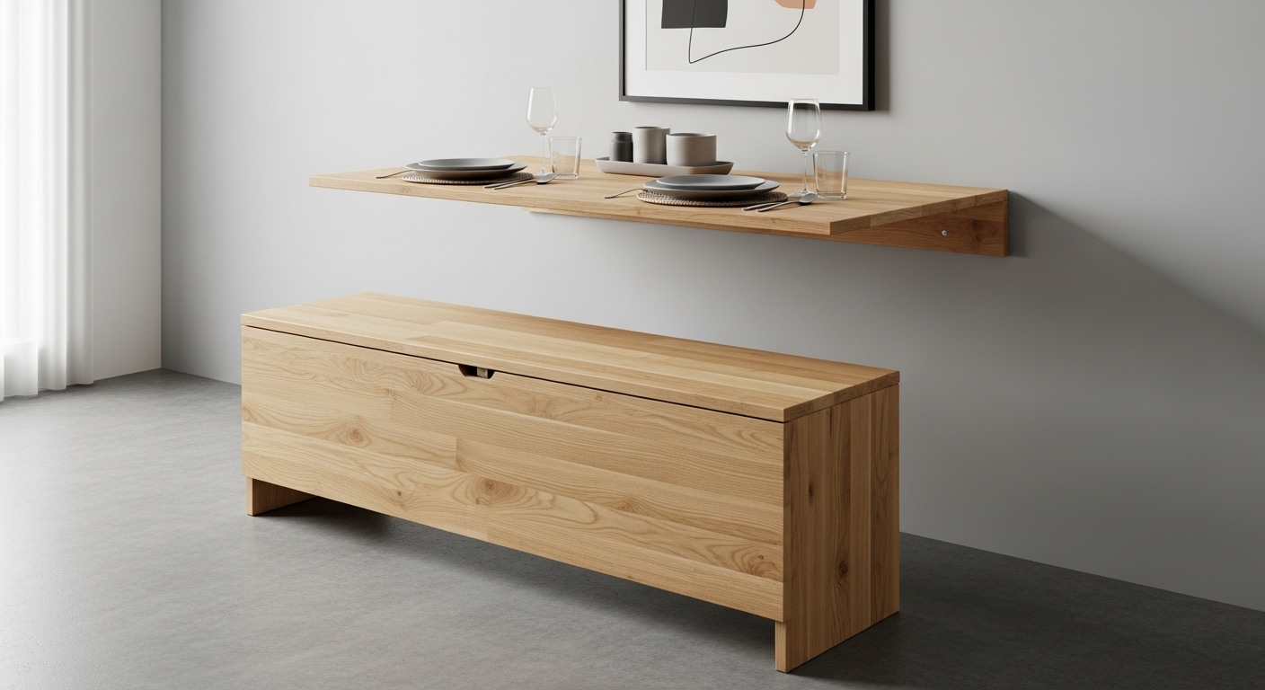 壁付けしたダイニングテーブルに、引きしろが不要なベンチを合わせたレイアウト。