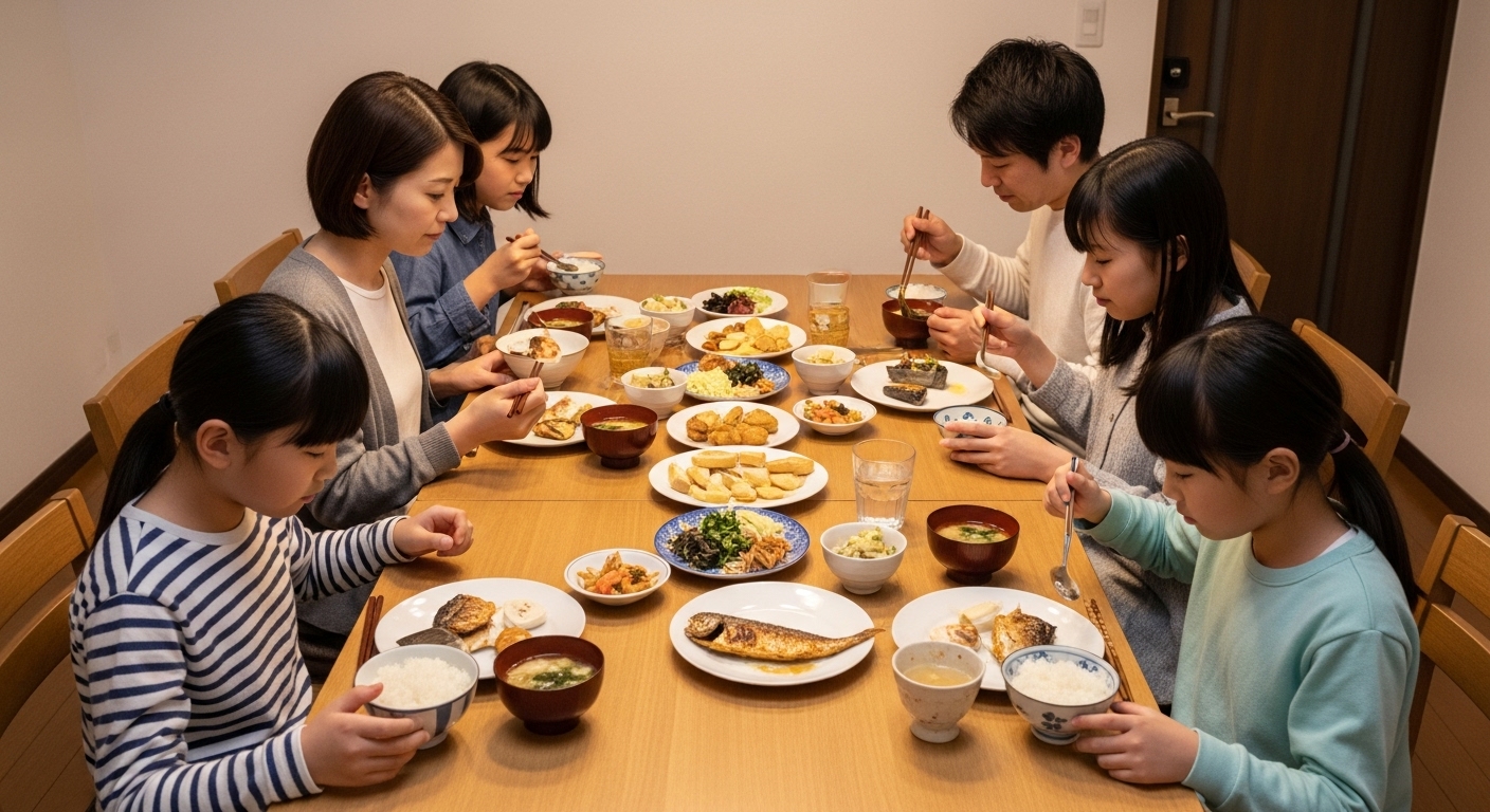 150cmのダイニングテーブルで6人掛けをし、窮屈そうに食事をしている家族(両親と子供4人)。