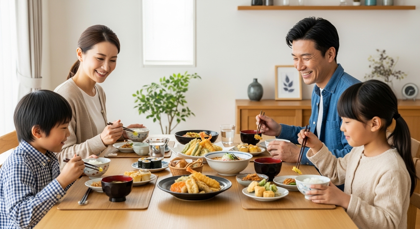 150cmのダイニングテーブルで4人家族(両親と子供2人)がゆったりと快適に食事をしている様子。