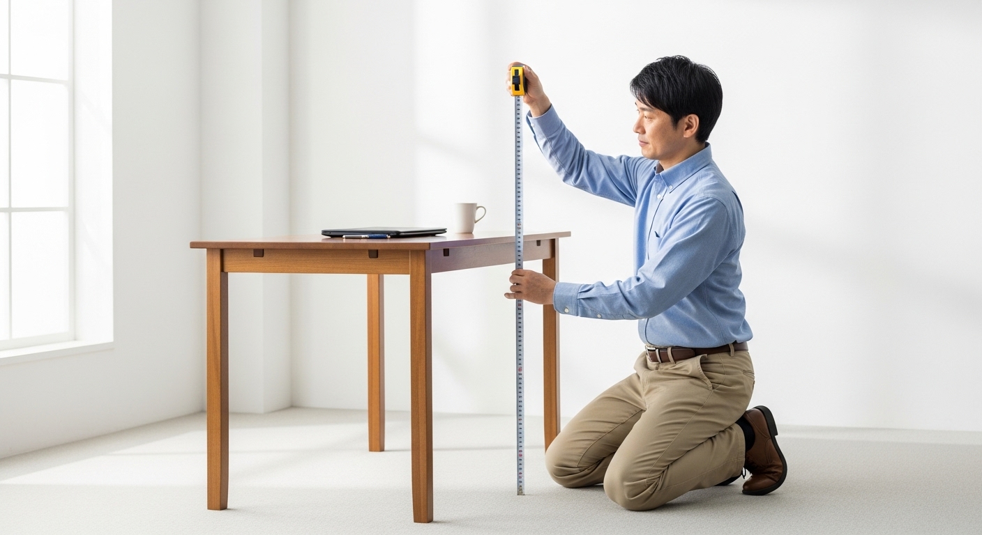 メジャーを使い、デスクの高さを測定している様子