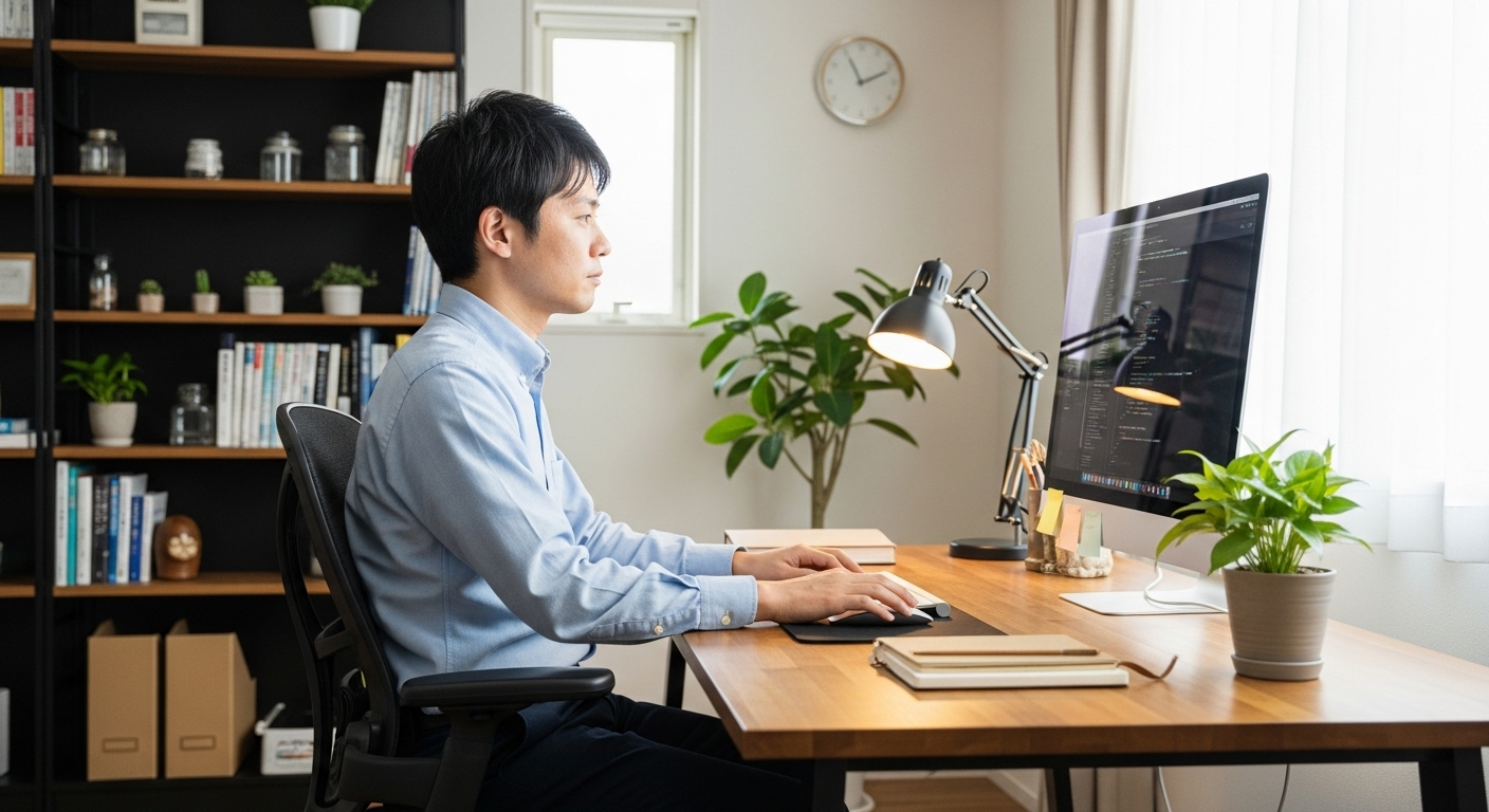 人間工学に基づき、足裏を床につけ、肘と膝を90度に保つ理想的な姿勢でデスクに向かう日本人男性