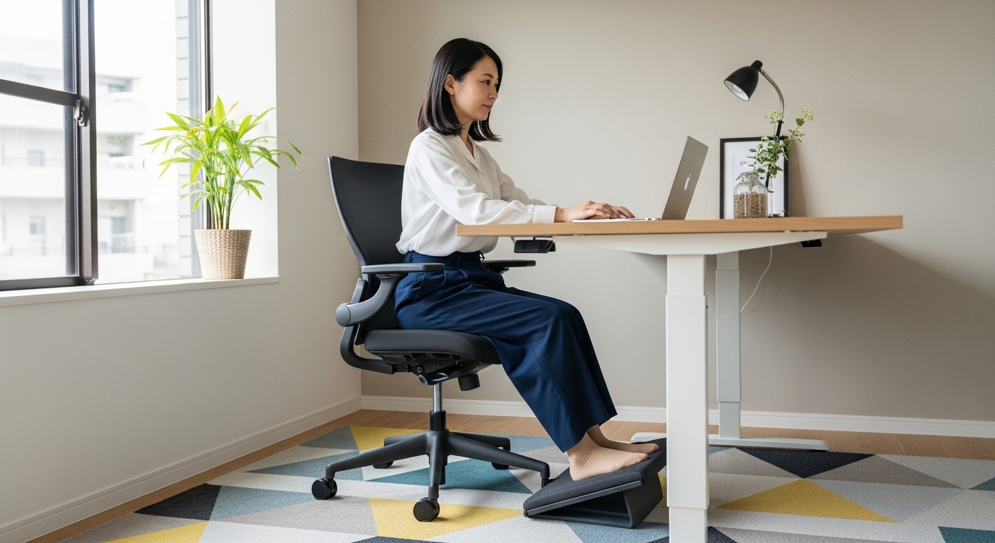 高さ75cmのデスクに合わせ、椅子を高くし、足元にフットレストを置いて姿勢を調整している様子