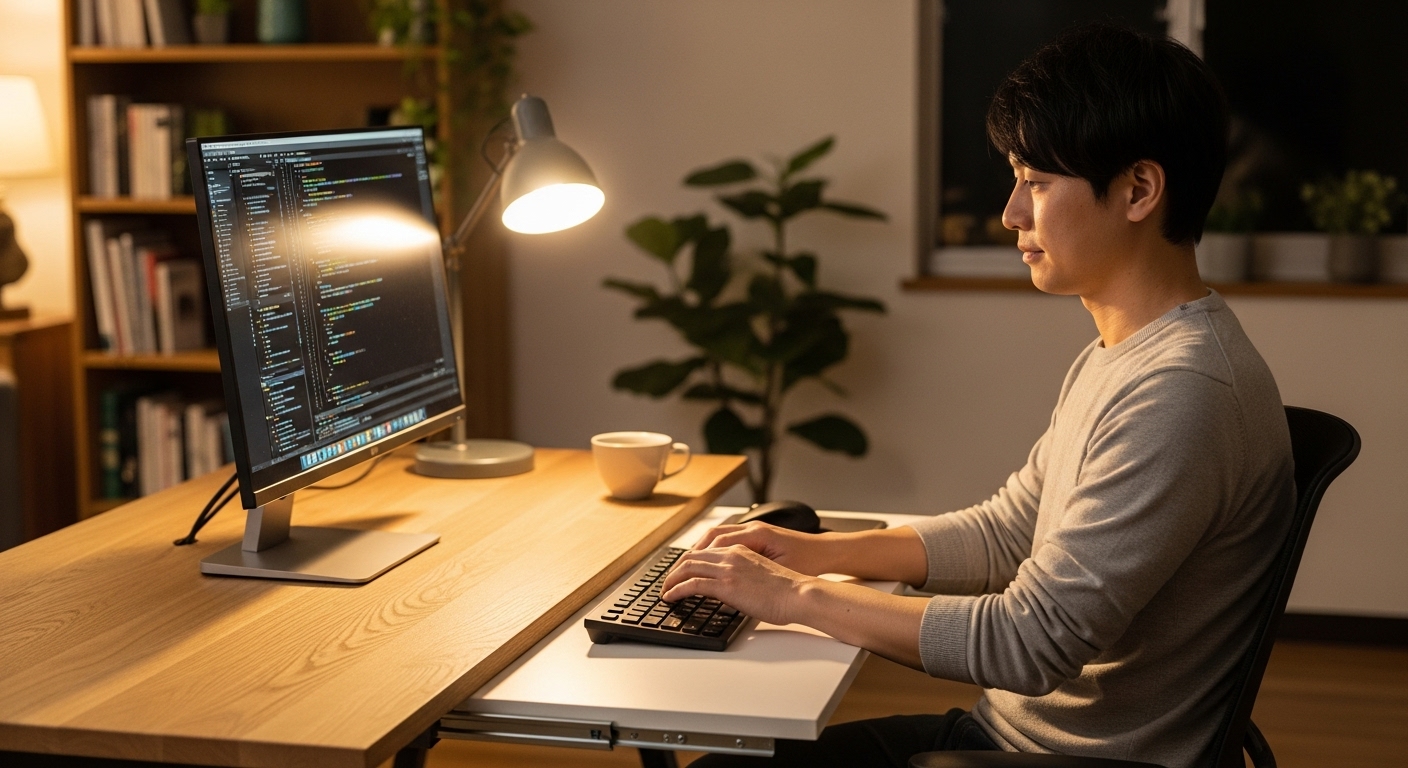 デスクの天板下に取り付けたキーボードスライダーを使い、自然な腕の角度でタイピングする様子