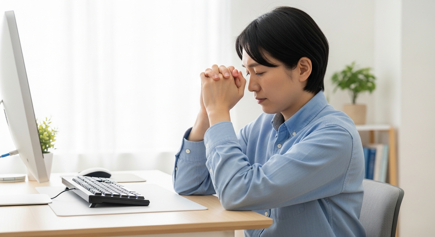 キーボードの厚みの分、手首や肘が不自然に持ち上がり、肩がすくんでいるPC作業の様子