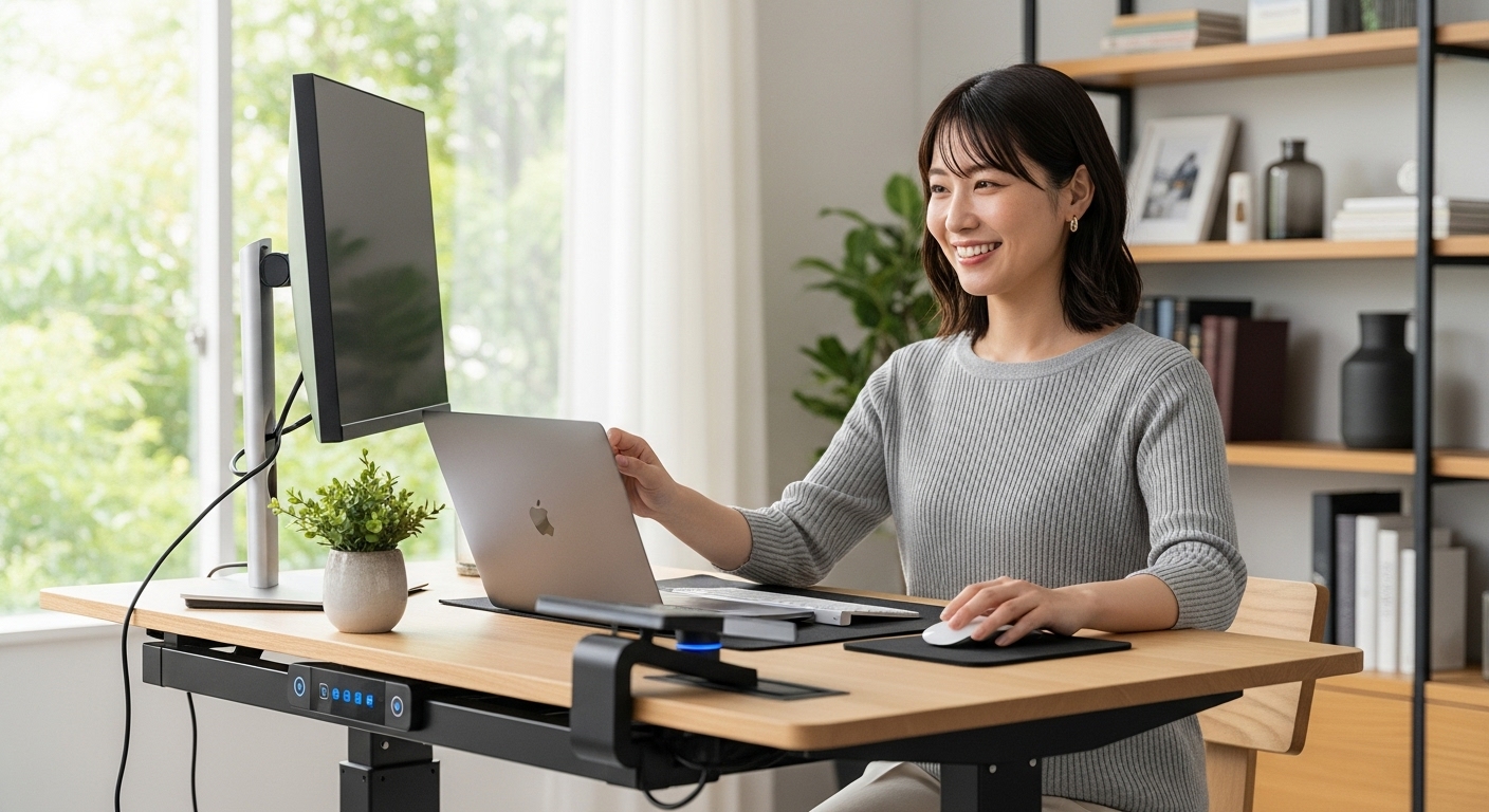 電動昇降式デスクのコントローラーを操作し、最適な高さに調整している日本人女性