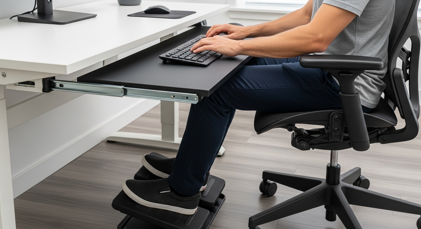 高さ75cmのデスクが高すぎると感じた時に、フットレストやキーボードスライダー、適切な椅子を使って調整している日本人。