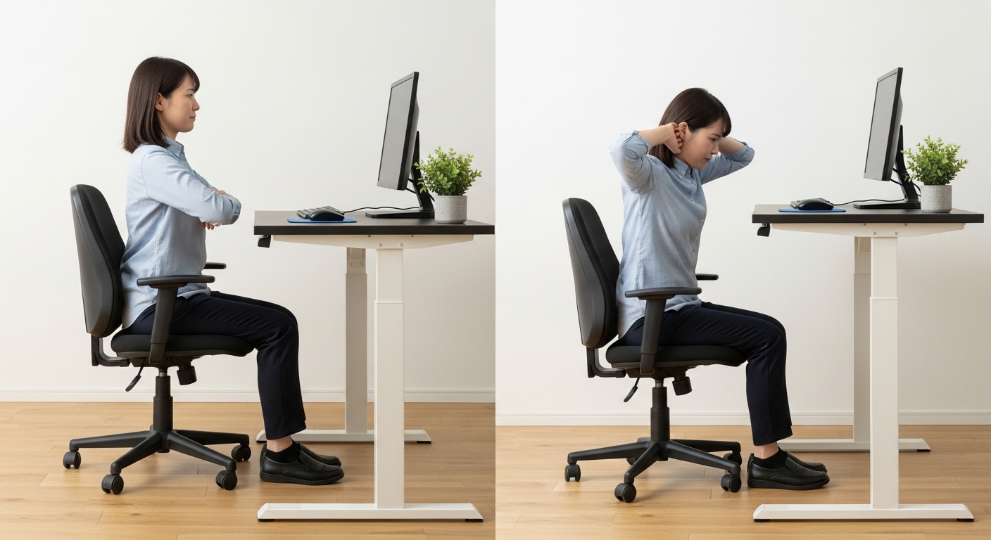 日本の標準的な高さのデスクと、それより高いデスクを比較し、身長に合わないデスクで不快そうに座る日本人の様子