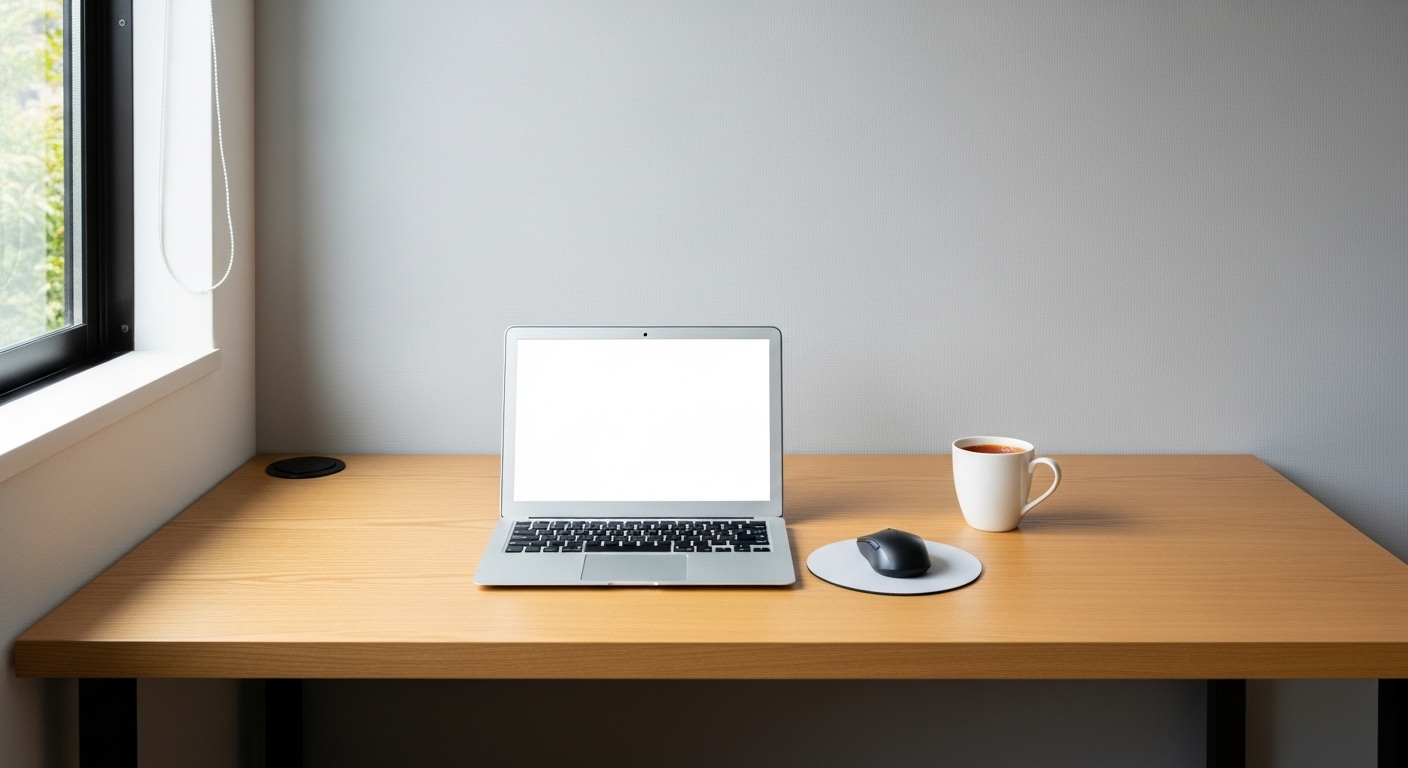 ノートPC1台を置いた幅100cmのデスク。十分な作業スペースがあり快適そうな様子。