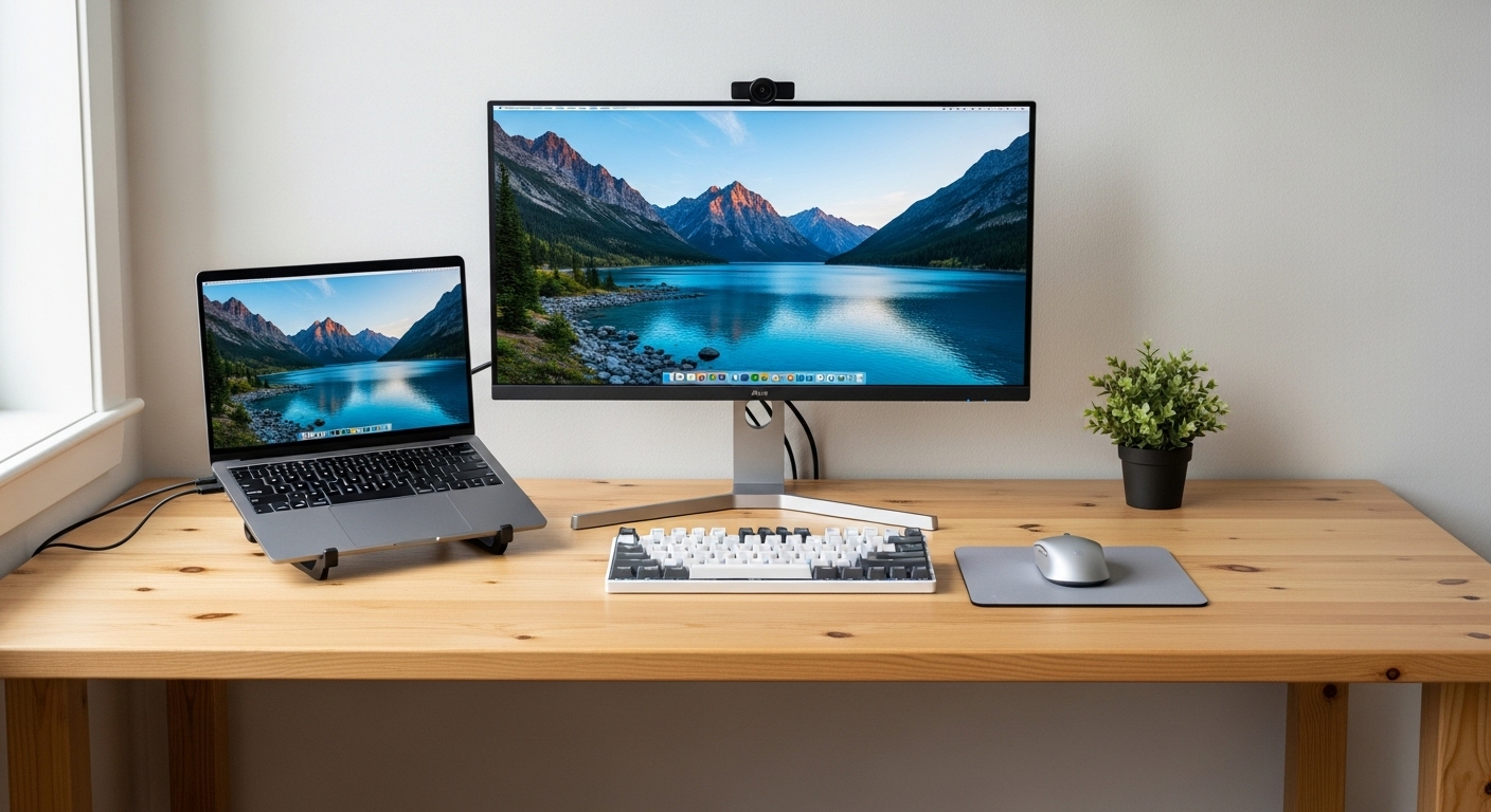 幅100cmのデスクにノートPCと外部モニター1台を設置した、在宅ワークに最適なレイアウト。