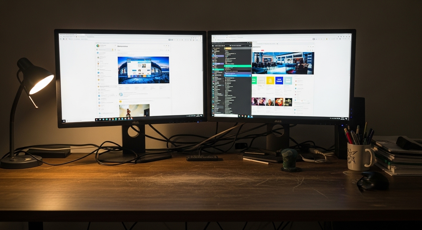 幅100cmのデスクにモニター2台を直置きし、スペースがなく窮屈になっているデュアルモニターの限界を示すレイアウト。