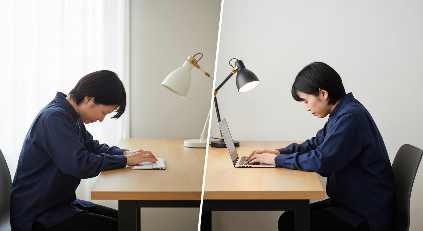 奥行きが浅いデスクと深いデスクでの作業姿勢の比較。奥行き60cmの重要性を示している。