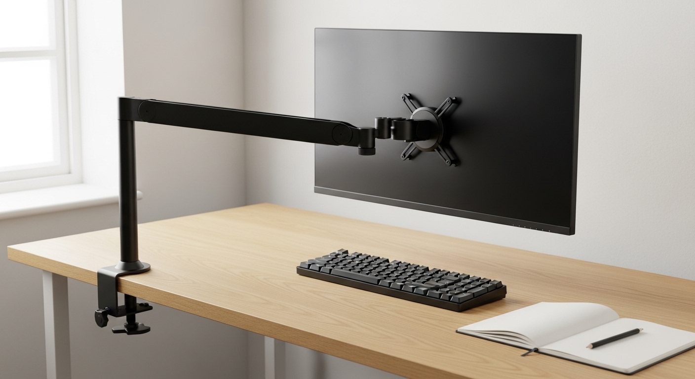 モニターアームを使って幅100cmデスクのスペースを劇的に広げた活用例。