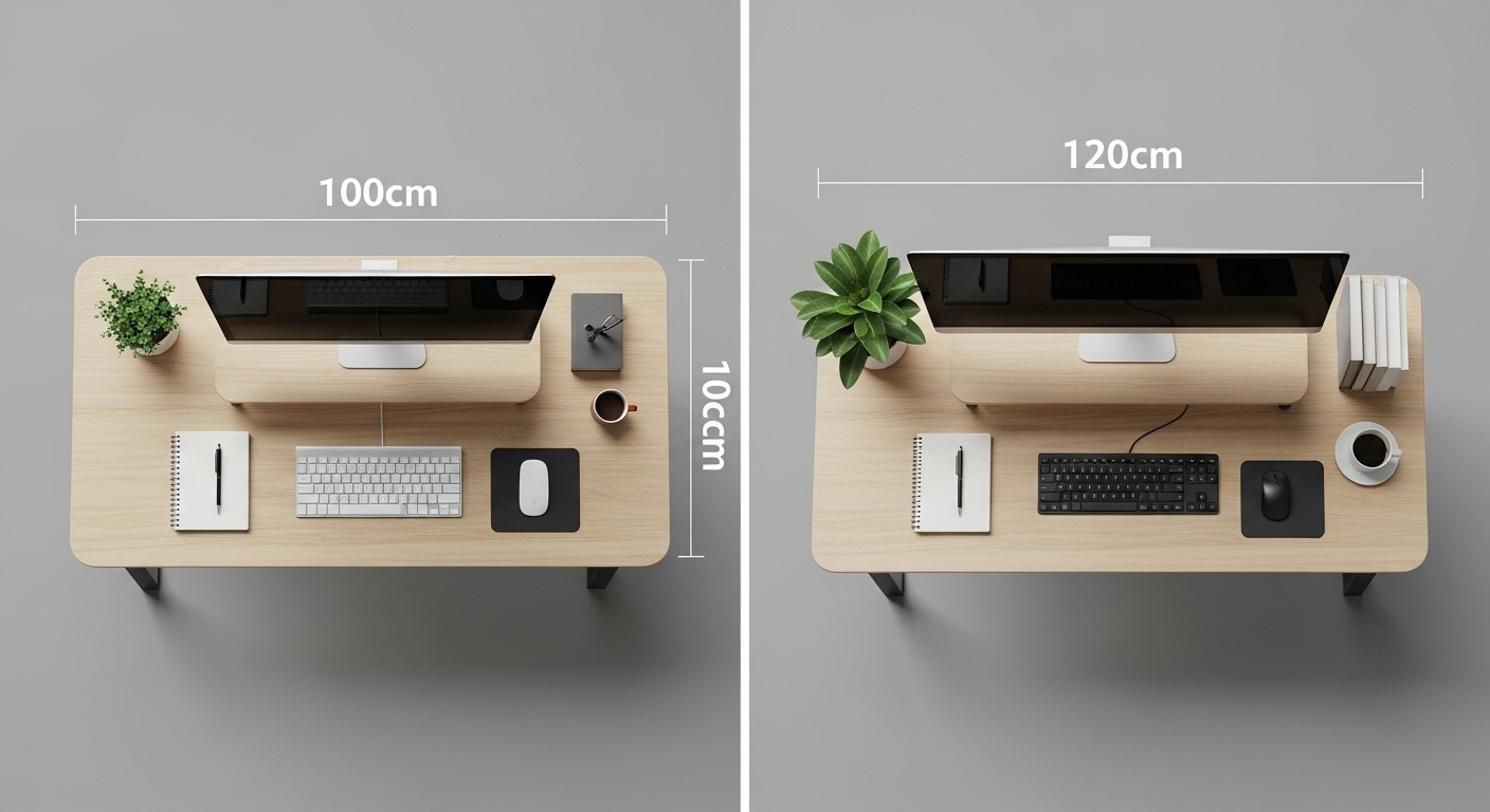幅100cmのデスクと幅120cmのデスクの作業スペースの広さを上から比較した画像。