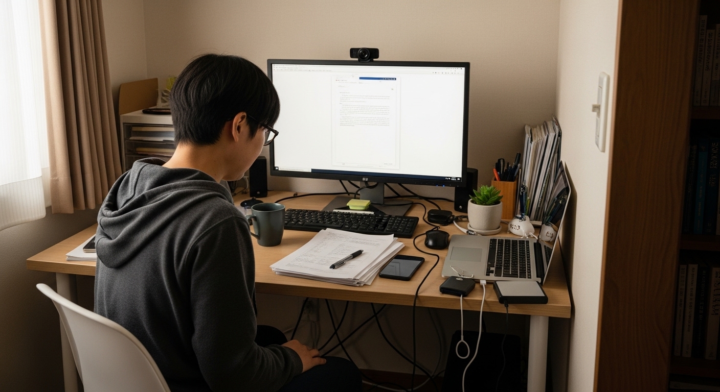 幅100cmのデスクが狭く感じて困っている様子の日本人。デスクは物が多くて作業スペースが窮屈。