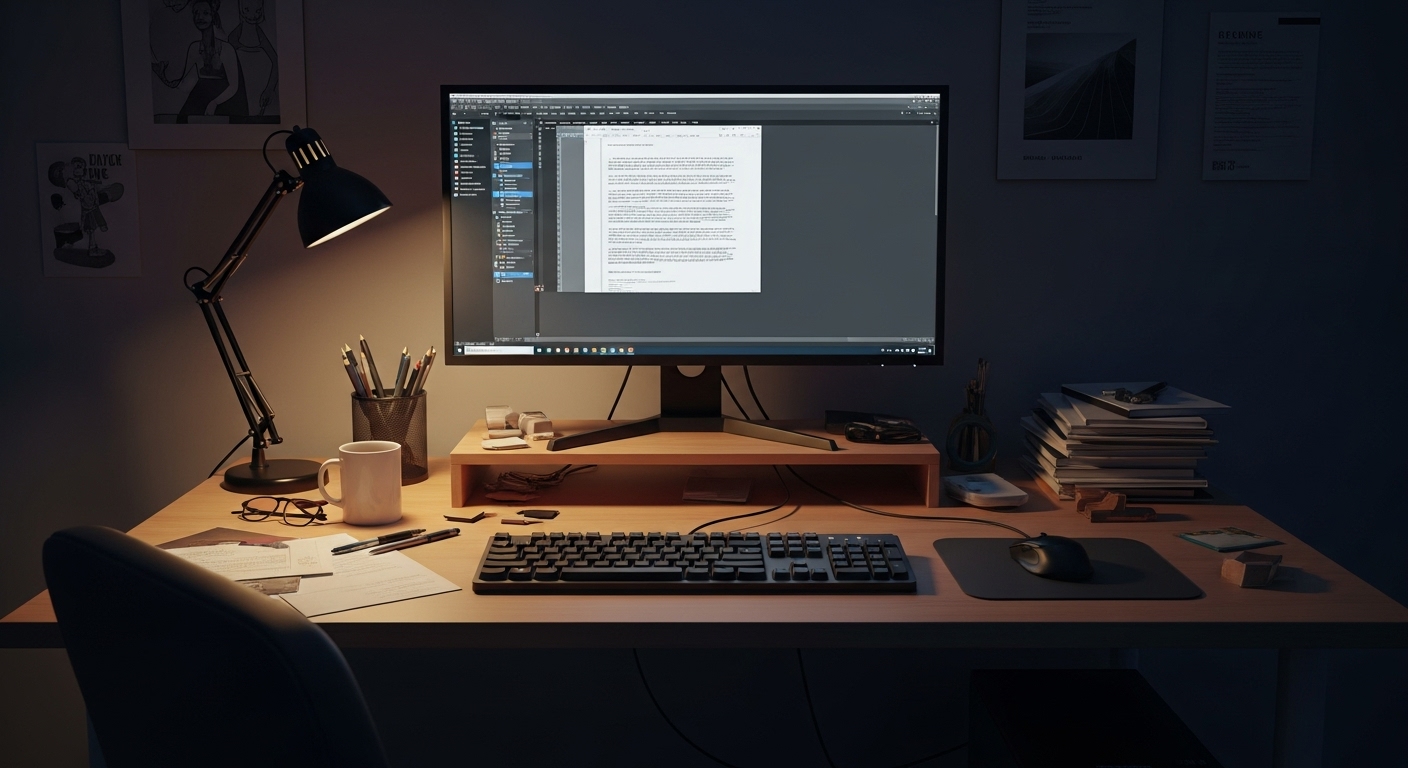 奥行50cmの狭いデスクの正面写真。モニターのスタンドが大きく、キーボードとマウスが手前に圧迫されている様子。