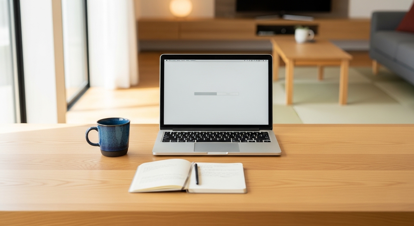 奥行50cmのデスクでノートPCを使う様子。手前にコーヒーマグと手帳を置く余裕があり快適そう。