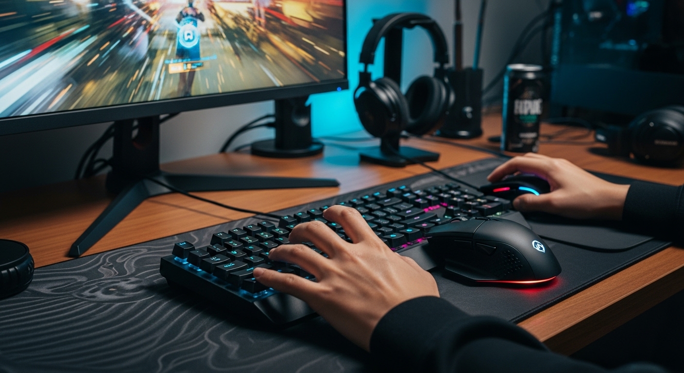 奥行50cmのデスクでゲームをする手元。マウスを動かすスペースが足りず、キーボードにぶつかっている。