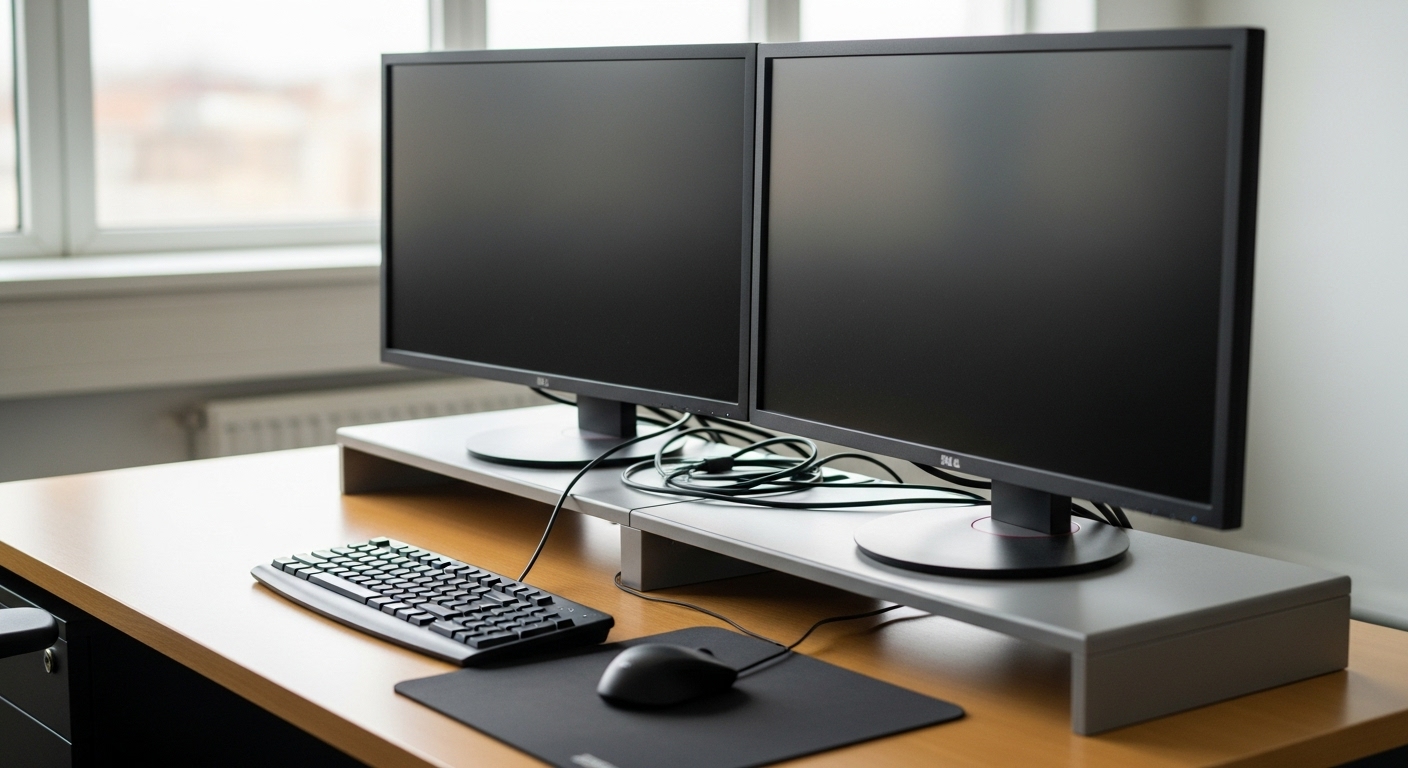 奥行50cmのデスクにモニター2台をスタンドで置こうとして失敗したレイアウト。キーボードを置くスペースがない。