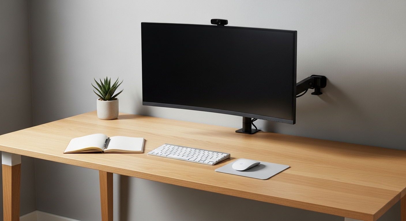 奥行50cmのデスクでモニターアームを活用した例。モニターが浮き、デスクの天板が広々と使えている。